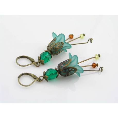 Forest Green Lucite Flower Earrings, Antique Style