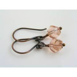 Peach Crystal Earrings, Solid Copper