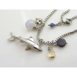 Save the Sharks, Charm Necklace with Natural Blue Chalcedony, Citrine and Iolite