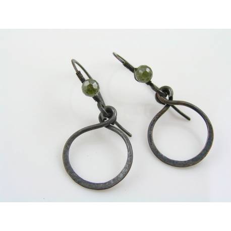 Gothic Hoop Earrings, Hammered Copper with Cubic Zirconia