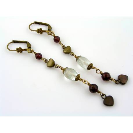 Long Earrings with Garnet, Prasiolite and Heart Charms