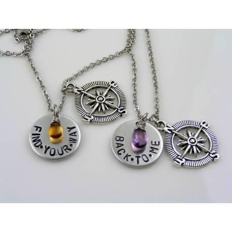 2 Compass Necklaces with Birthstones, Hand Stamped 'Find Your Way' 'Back To Me'