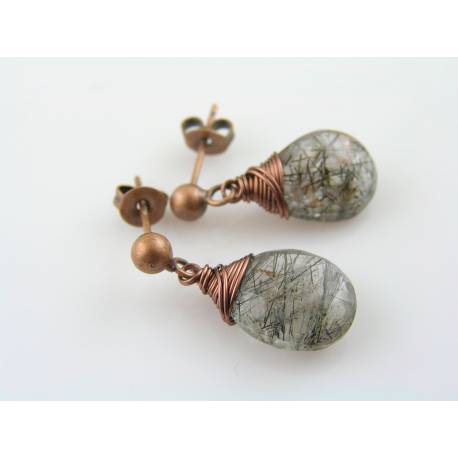 Wire Wrapped Earrings with Moss Amethyst, Copper Studs