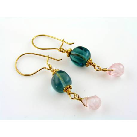 Fluorite Earrings with Rose Quartz, gold filled