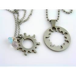 Matching Couple Necklaces, Gear Wheel Necklace with Rose Quartz and Labradorite