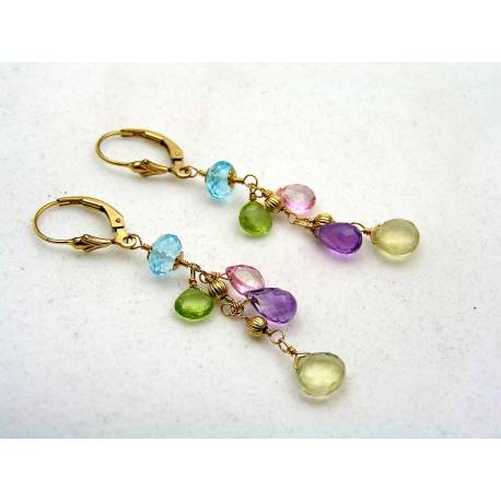 Blue Topaz, Pink Topaz, Lemon Quartz, Amethyst and Peridot Gold Earrings