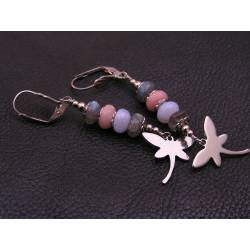 Dragonfly Earrings, Labradorite, Pink Opal and Blue Chalcedony