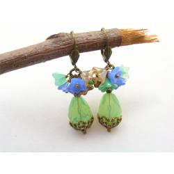 Mint Green Czech Glass Drops with Flower Cluster Earrings