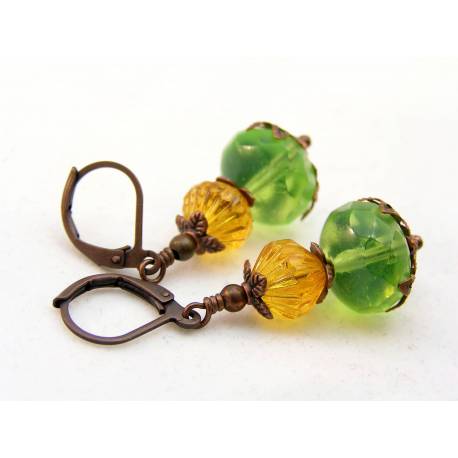 Mint Opal and Honey Czech Bead Earrings, Spring Colours