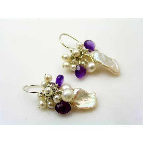 Pearl and Amethyst Earrings, Sterling Silver