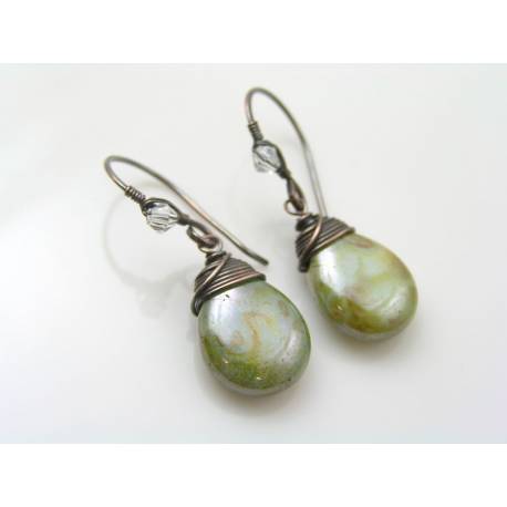 Silver Green Wire Wrapped Czech Glass Drop Earrings