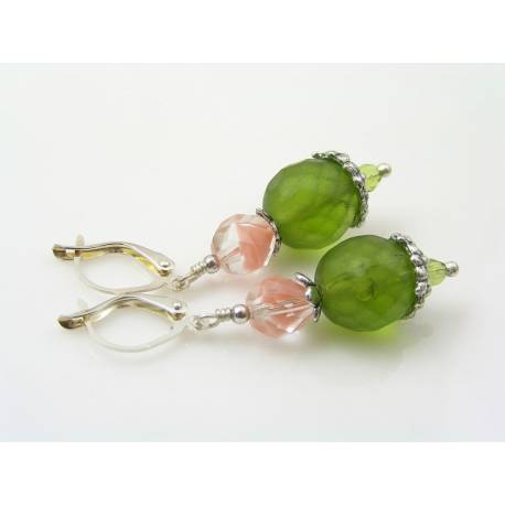 Faceted Olive and Pink Czech Bead Earrings