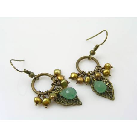 Golden Freshwater Pearl and Green Aventurine Earrings