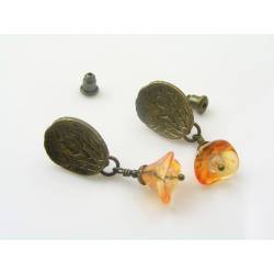 Orange Flower Earrings, Brass Ear Studs