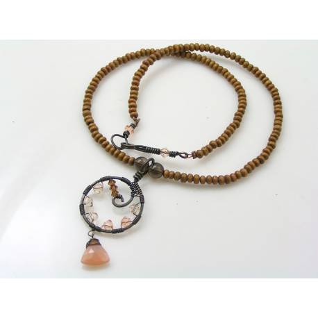 Moonstone, Crystal and Wood Necklace