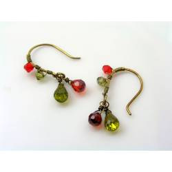 Olivine and Red Wire Wrapped Earrings
