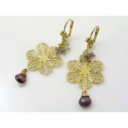 Golden Filigree Earrings with Rhodolite Garnet and Peridot