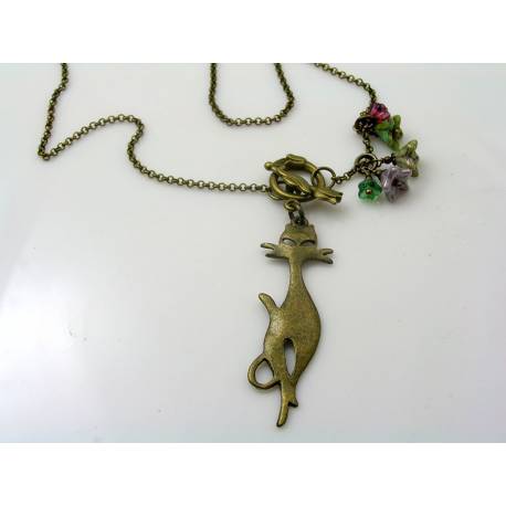 Cat Charm Necklace with Czech Flowers