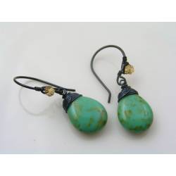 Large Mottled Green Czech Glass Drop Earrings