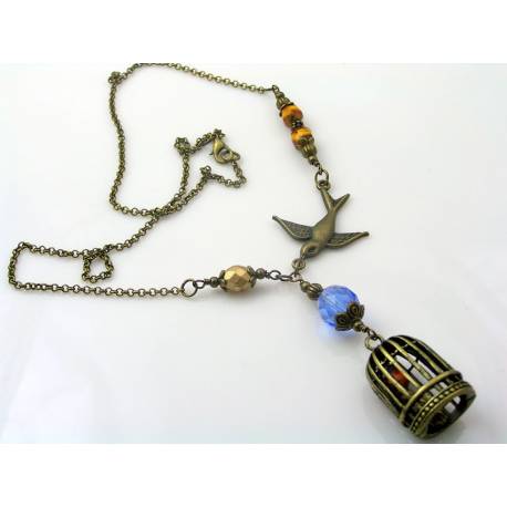 Birdcage Necklace, Beaded Necklace with Bird Charm, Freedom!