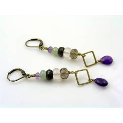 Long Gemstone Earrings, Amethyst, Prehnite, Garnet and Rose Quartz