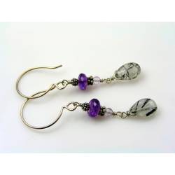 Tourmalinated Quartz and Amethyst Earrings - Sterling Silver