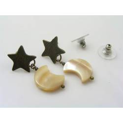 Mother of Pearl Crescent Moon on Old Brass Star Stud Earrings