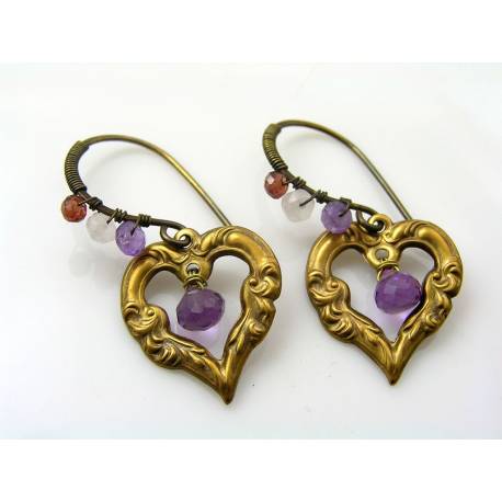 Romantic Heart Earrings with Amethyst, Rose Quartz and Garnet