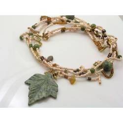 Four Strand Serpentine Bead and Carved Leaf Necklace, Seed Beads