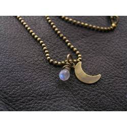 Crescent Moon Necklace with Rainbow Moonstone