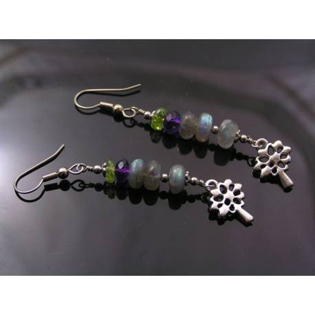 Tree of Life Earrings with Labradorite, Amethyst and Peridot