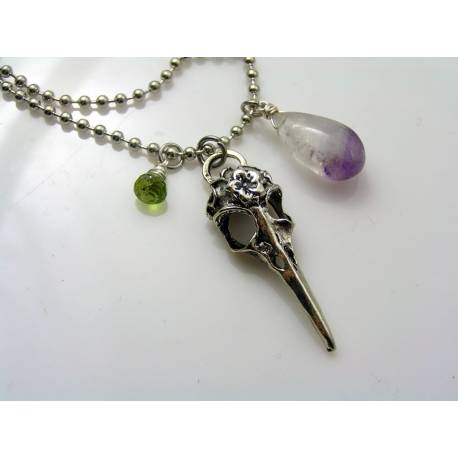 Gothic Raven Skull Necklace with Amethyst and Peridot 