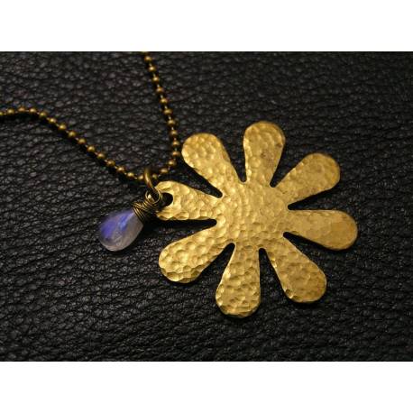 Hammered Flower Necklace with Rainbow Moonstone