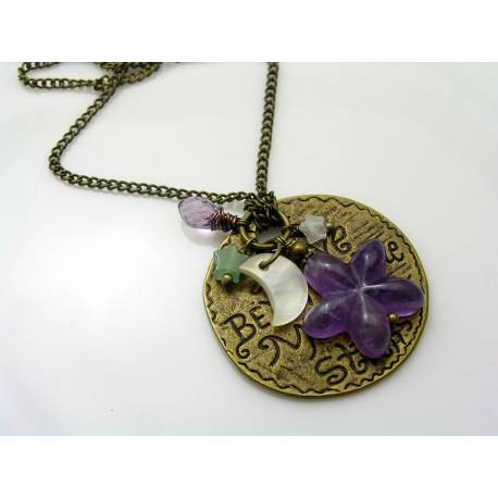 Moon Necklace with Gemstone Stars and MoP Crescent Moon