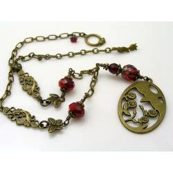 Thorn Bird and Roses Necklace, Red Crystal