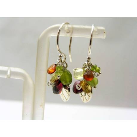 Gemstone Cluster and Sterling Leaf Earrings