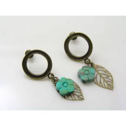 Carved Turquoise Flower and Leaf Stud Earrings