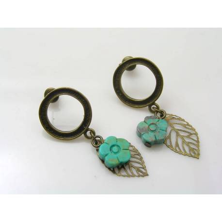 Carved Turquoise Flower and Leaf Stud Earrings