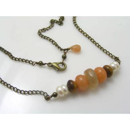 Moonstone, Bronzite, Aventurine and Pearl - Station Necklace