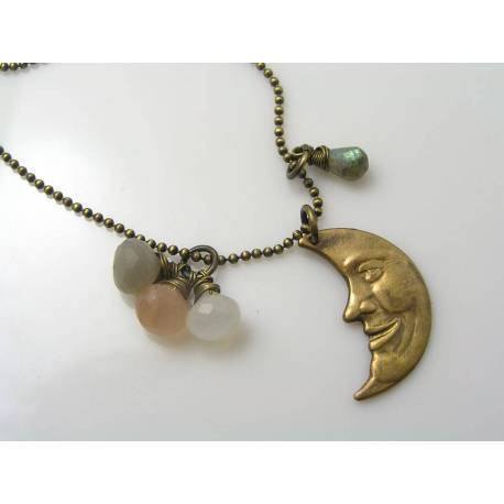 Moonstone and Crescent Moon Pendant Necklace