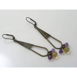 Long Slender Wire Wrapped Amethyst and Honey Quartz Earrings