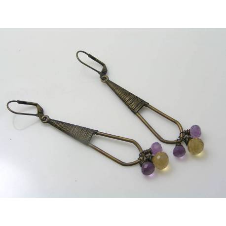 Long Slender Wire Wrapped Amethyst and Honey Quartz Earrings