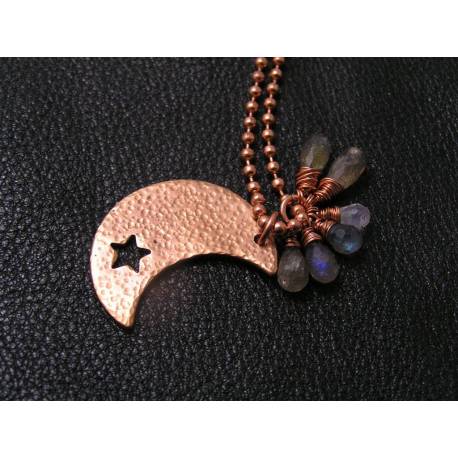 Solid Copper Moon, Labradorite and Moonstone Necklace