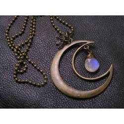 Rainbow Moonstone and Iolite Moon Charm Necklace