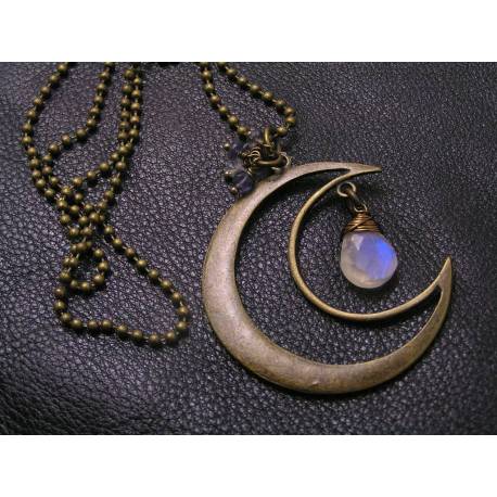 Rainbow Moonstone and Iolite Moon Charm Necklace
