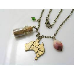 Australia Necklace with Map Pendant, Glass Bottle with Soil and Gemstones