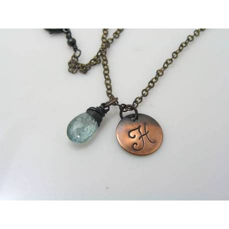 Initial Necklace with Moss Aquamarine, March Birthstone