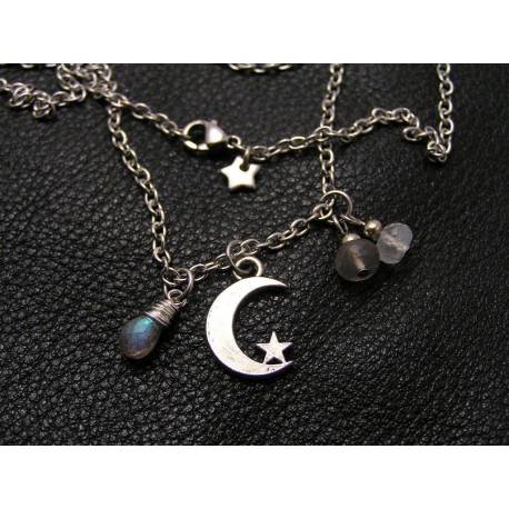 Crescent Moon and Star Necklace with Moonstones and Labradorite