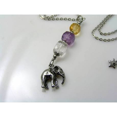 Elephant Necklace, Rock Quartz, Amethyst and Citrine
