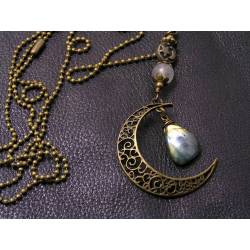 Crescent Moon Necklace with Grey Moonstone and Labradorite